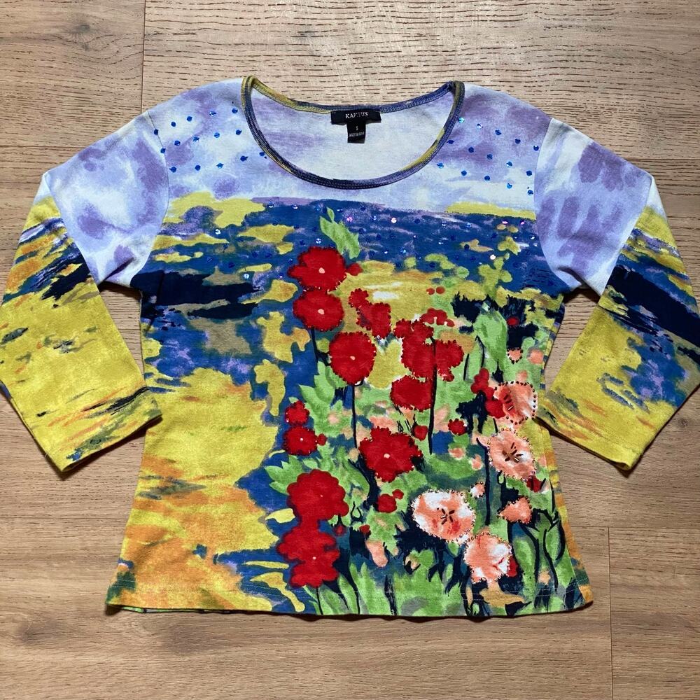 Beaded Wearable Art 100% Cotton 3/4 Sleeve Flower Field All Over Print Whimsical